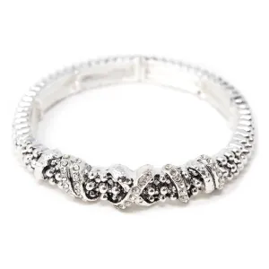 Antique Silver Dotted Stretch Bracelet Crystal Station