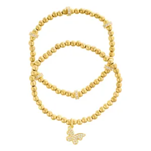 Gold Plated Pair of Bead Bracelets with Crystal Butterfly